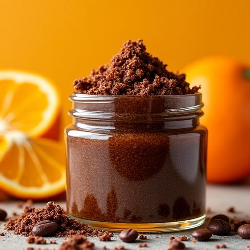 Esfoliante corporal de café e laranja num pote de vidro.