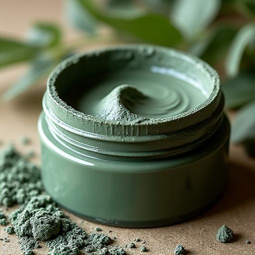 Máscara facial de argila verde num recipiente.