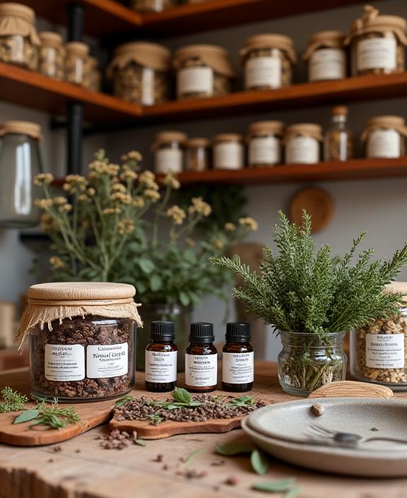 Interior da oficina da Alma Natural em Lisboa, mostrando ingredientes naturais e ferramentas de trabalho.