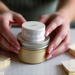 Mãos a colocar um rótulo num frasco de cosmético artesanal.