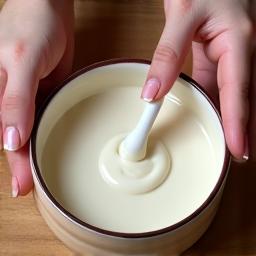 Mãos a misturar um creme cosmético numa taça de cerâmica.